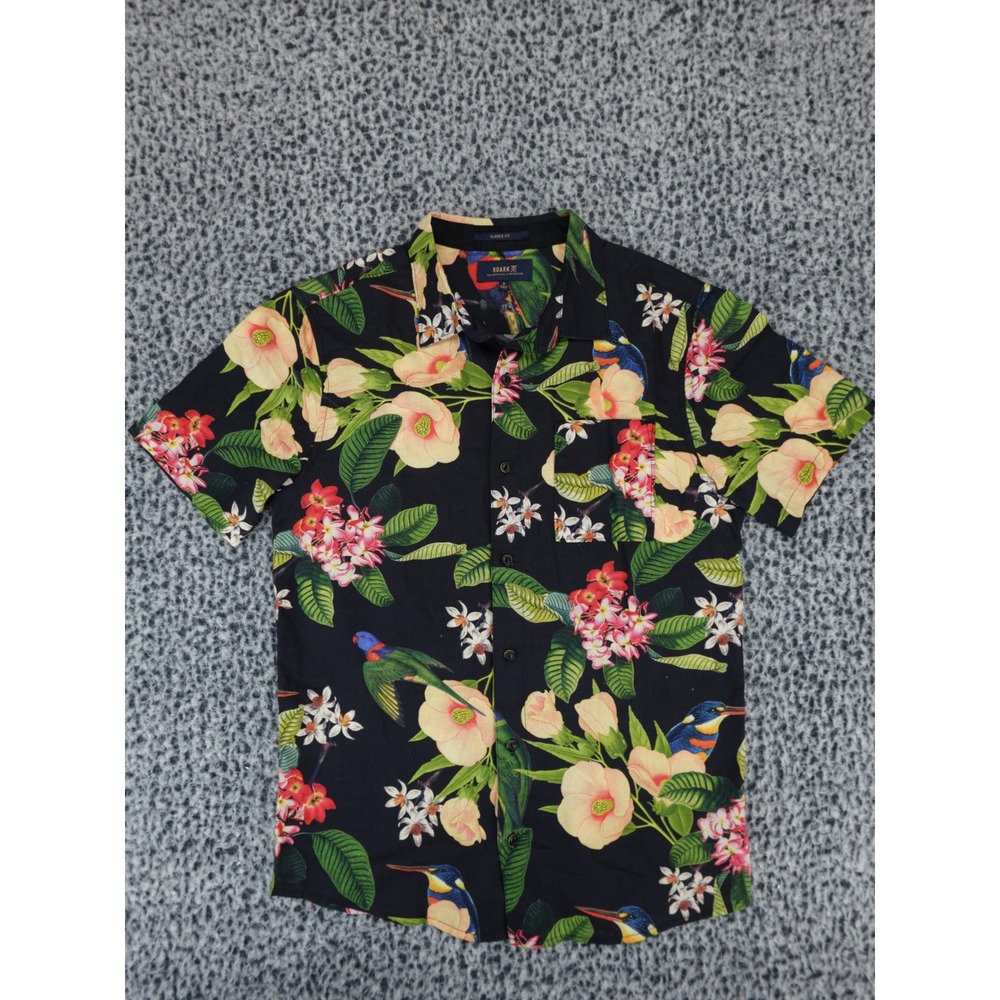 Roark Revival Mens Small Tropical Bird Floral Cotton Linen Button Down Shirt S‎